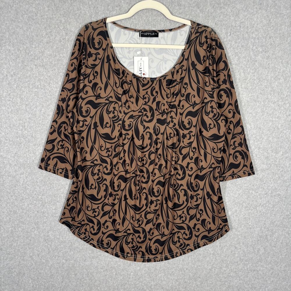 Bon Apple Tea Tunic‎ Top Large Flowy Scroll Artsy Abstract Lagenlook Neutrals